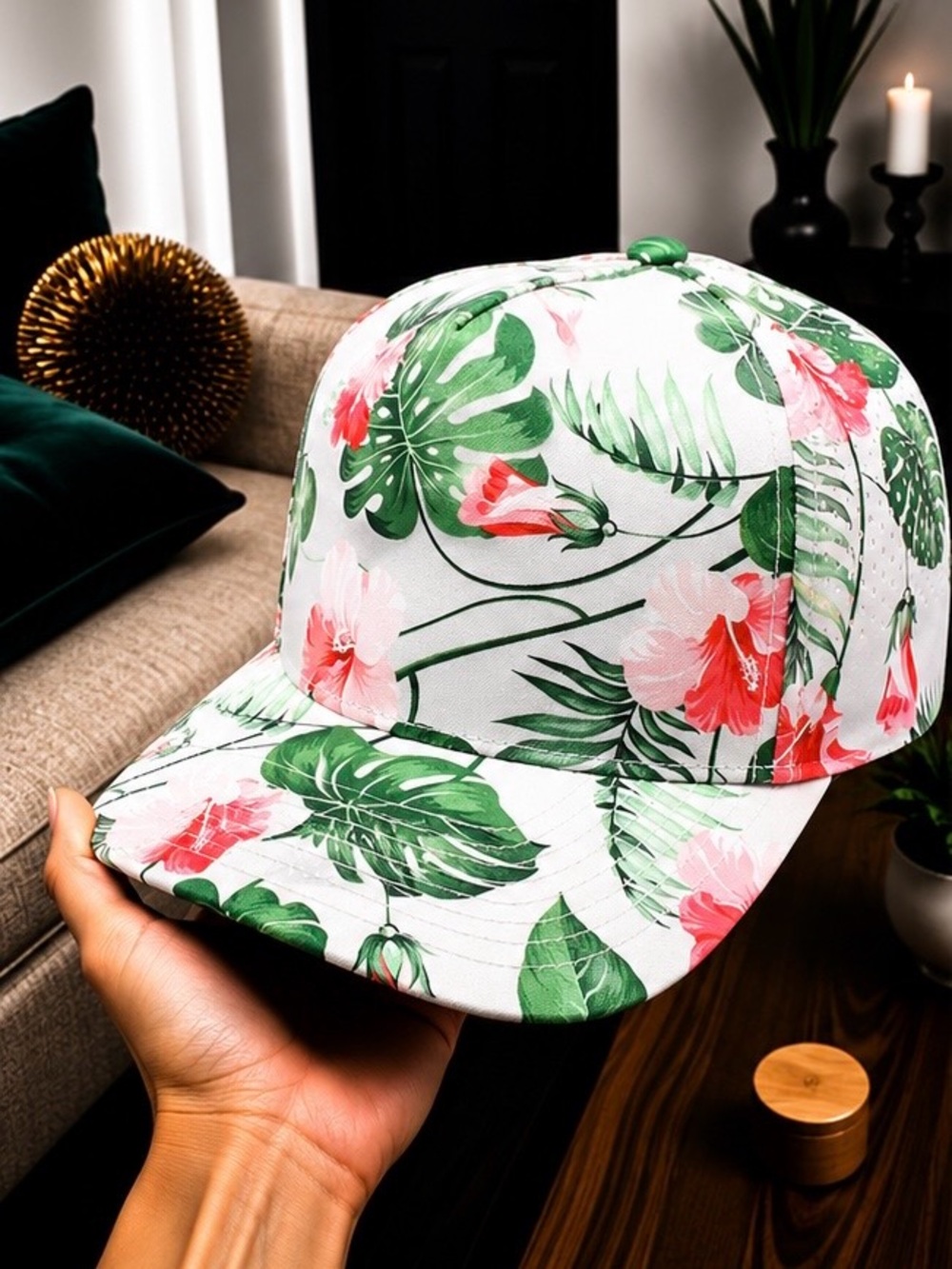 Redline Tropical Floral Snapback Hat – White Hawaiian Print Flat Bill Cap